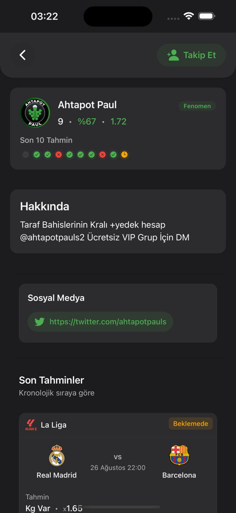 Futbol Üstatları - Tahmin - Página de perfil de un influencer de apuestas deportivas llamado Ahtapot Paul en la aplicación Futbol Ustatlari, mostrando estadísticas de éxito y predicciones recientes de fútbol.