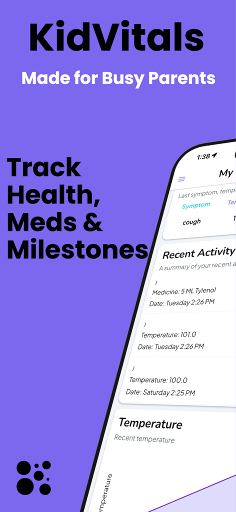 KidVitals: Fever Tracker - Interfaz de la aplicación KidVitals que muestra registros de salud infantil de temperatura y medicamentos.