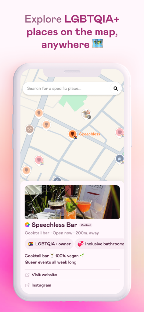 Une capture d'écran mobile montrant la fonctionnalité de la carte de la Fierté de l'application Vibes avec divers lieux accueillant les personnes LGBTQIA+ et un profil mis en évidence pour le Speechless Bar.
