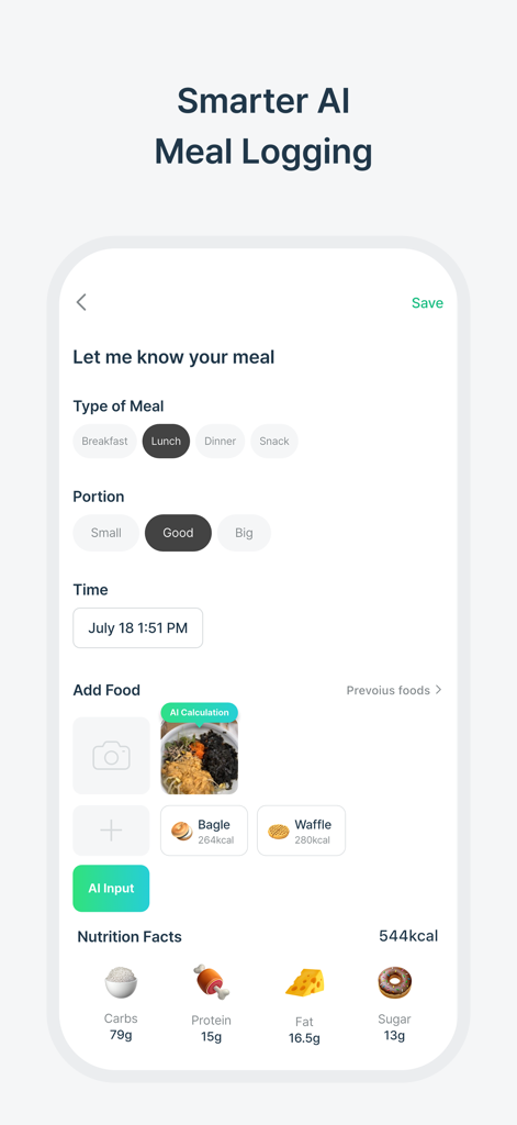 SimFast: Fasting Tracker - Interfaz de la aplicación SimFast para registro de comidas con IA y seguimiento de calorías.