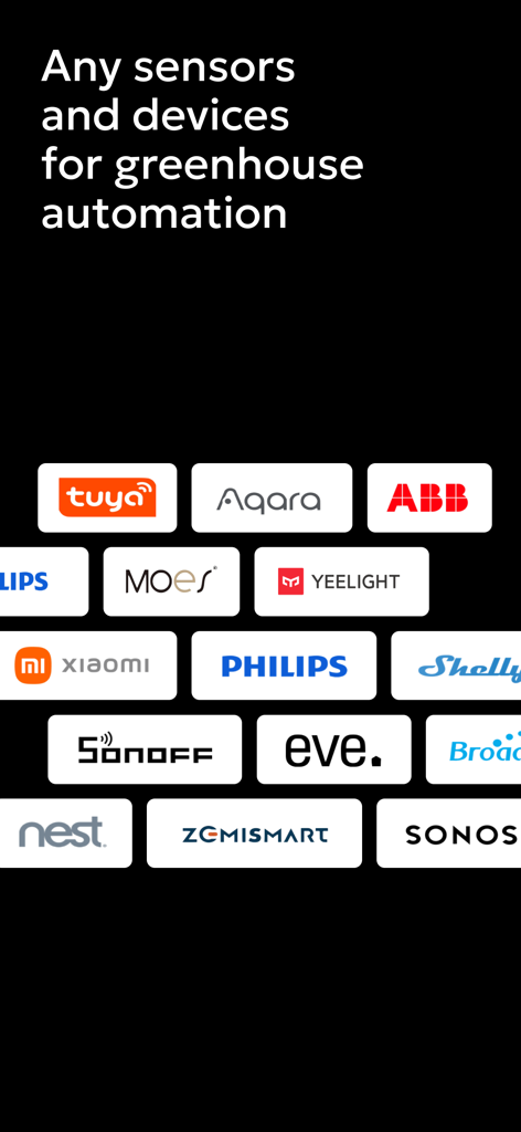 Gros.farm - Una colección de logotipos que muestran marcas de dispositivos IoT compatibles para la automatización de invernaderos, incluidas Tuya, Aqara y Philips.
