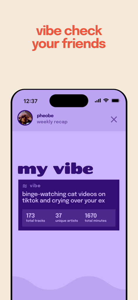 A screenshot of the Superfan social music app displaying a weekly recap with music stats and a personalized vibe status