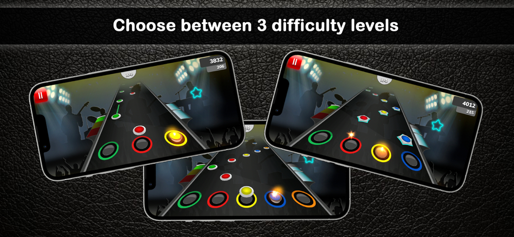 Three mobile phones displaying Guitar Flash gameplay with colored rhythm notes and difficulty level options.