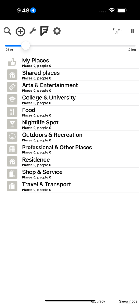 BlindSquare - Screenshot of BlindSquare app displaying various point of interest categories and a radius filter.