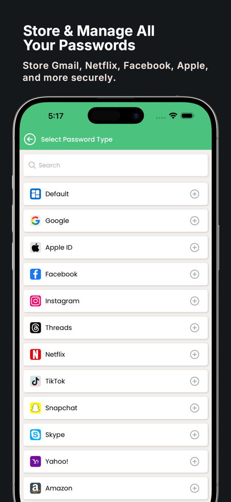 KeePass - Password Manager - Interface of KeePass Password Manager displaying a list of account types including Google Apple ID Facebook and Netflix for secure storage