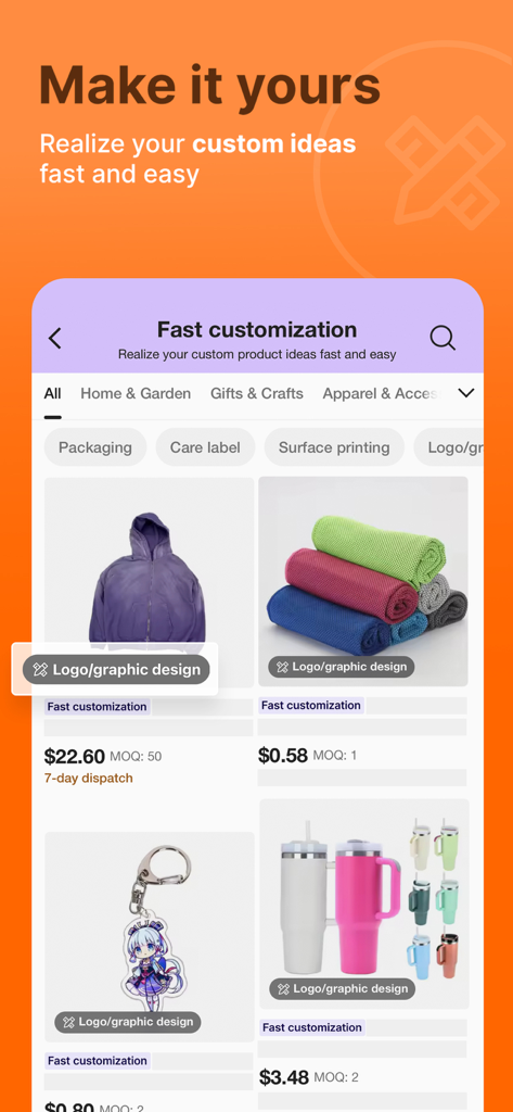Alibaba app interface showing product customization options for business owners