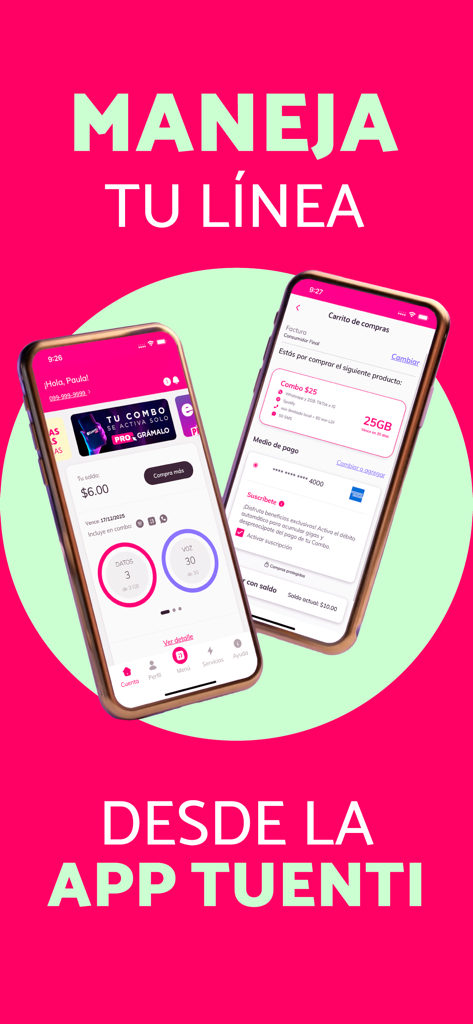 Dos teléfonos inteligentes mostrando el panel de control de la App Tuenti y la pantalla de pago de planes de datos móviles