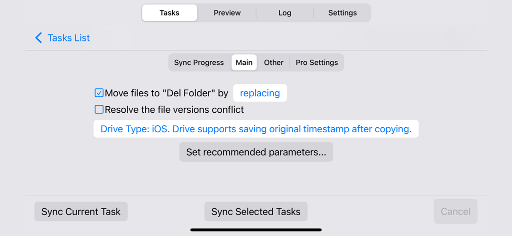 Pantalla principal de configuración para una tarea de sincronización de archivos en la aplicación Sync Folders en iOS.