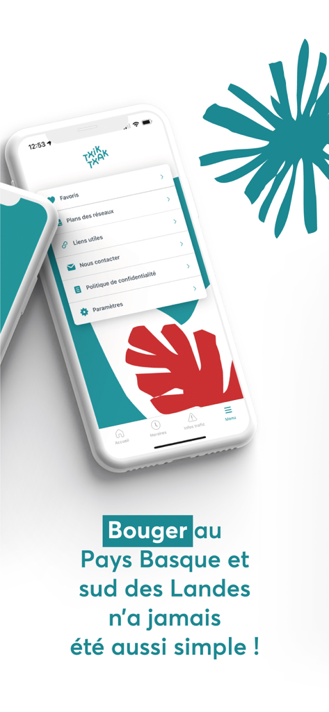 TXIK TXAK - Interface de l'application mobile TXIK TXAK montrant le menu et les options de navigation pour le système de transport du Pays Basque.