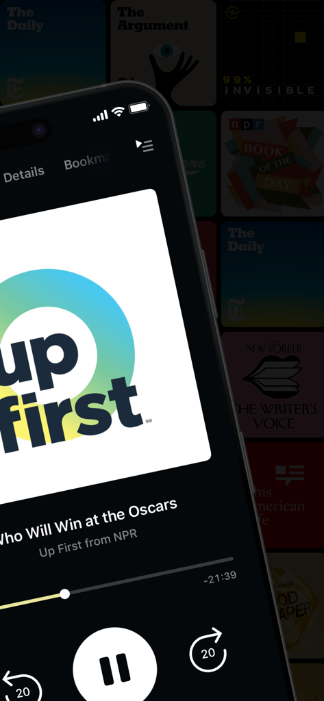 Pocket Casts: Podcast Player - App Pocket Casts che mostra la schermata di riproduzione del podcast NPR Up First in modalità scura