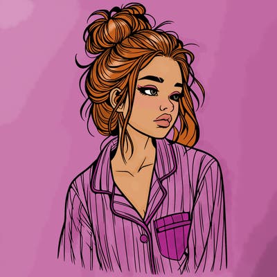 realistic woman with pajamas on and a messy bun