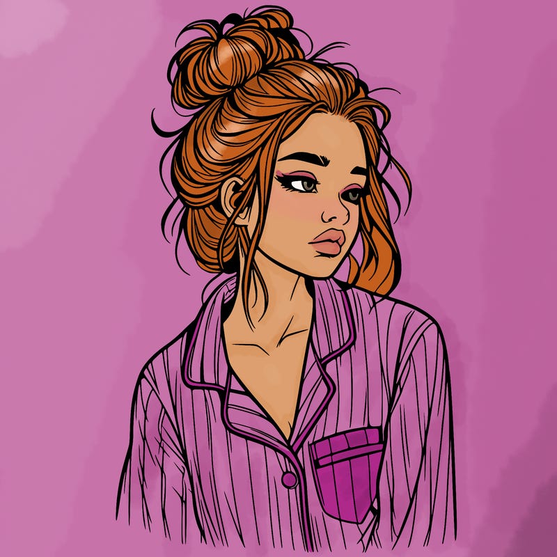 realistic woman with pajamas on and a messy bun