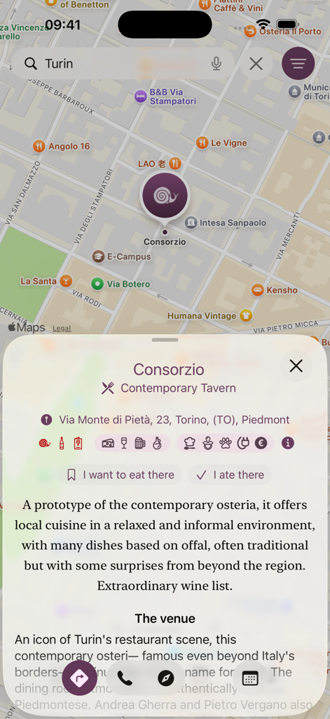Osterie d'Italia App, die eine Karte von Turin mit Details zum Restaurant Consorzio anzeigt.