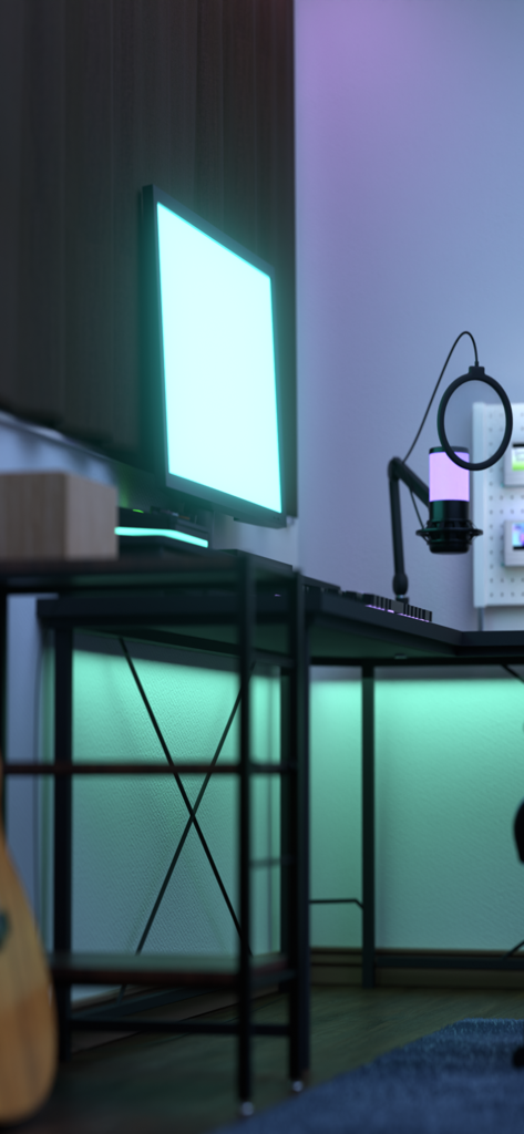 脱出ゲーム  ゲーム配信者の家から出たい - Moderno escritorio de juegos con iluminación de neón y equipo de streaming