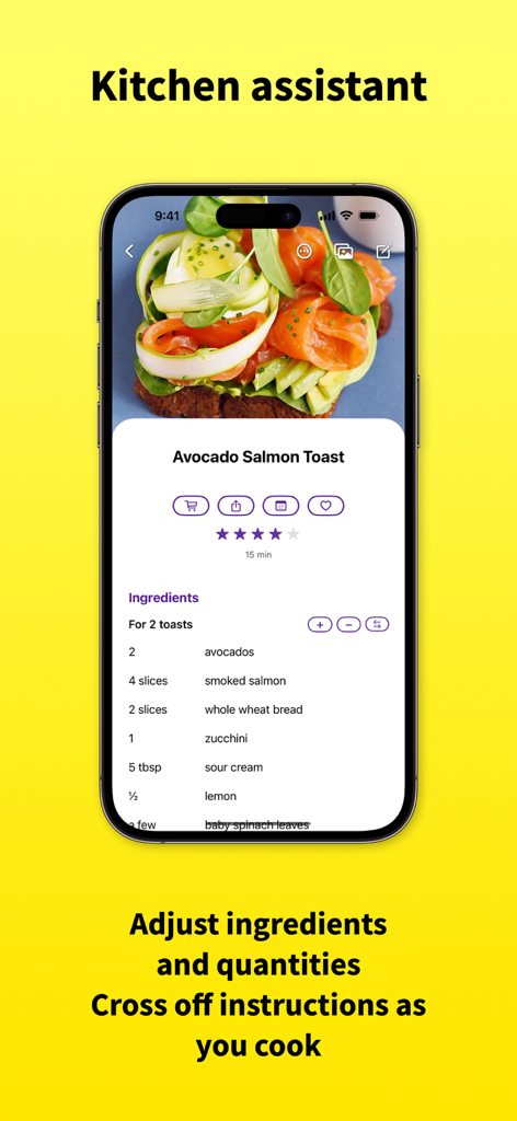 RecipeChef: Recipe Manager - RecipeChef app showing an Avocado Salmon Toast recipe with adjustable ingredient quantities and portion sizes on an iPhone screen.