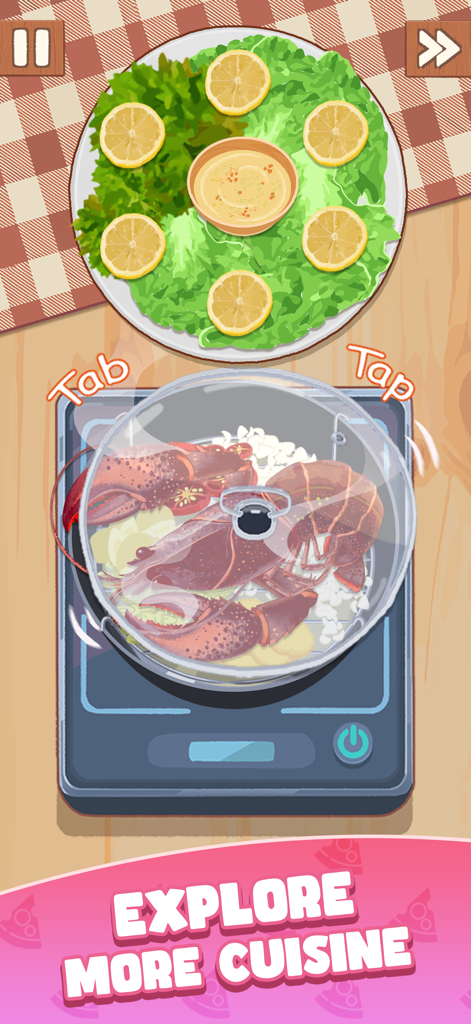 A mobile game screen showing a lobster being steamed in a pot and a salad plate decorated with lemon slices