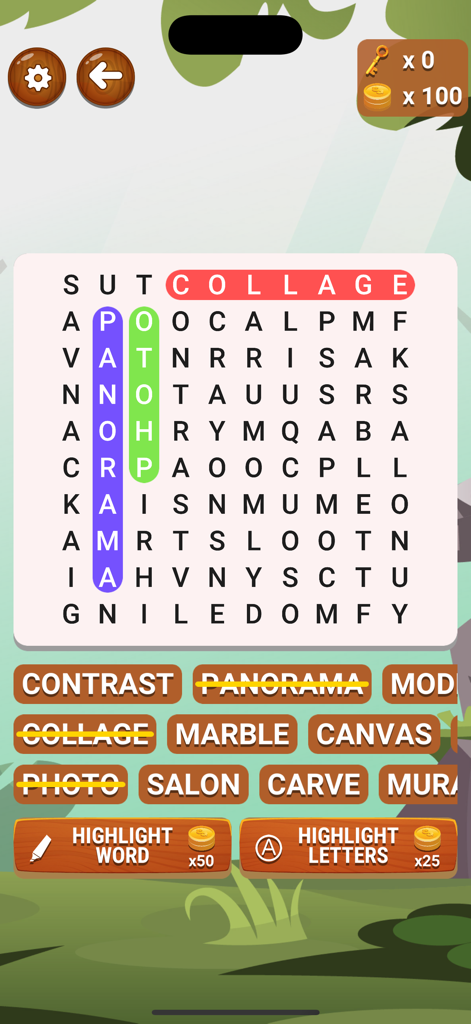 Word Hunt - Search - Una cuadrícula de sopas de letras de la aplicación Word Hunt mostrando palabras encontradas en la categoría Arte