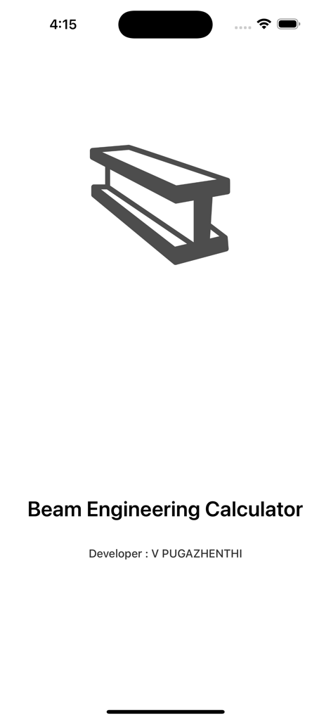 Pantalla de inicio de la Calculadora de Vigas de ingeniería con un ícono de viga estructural