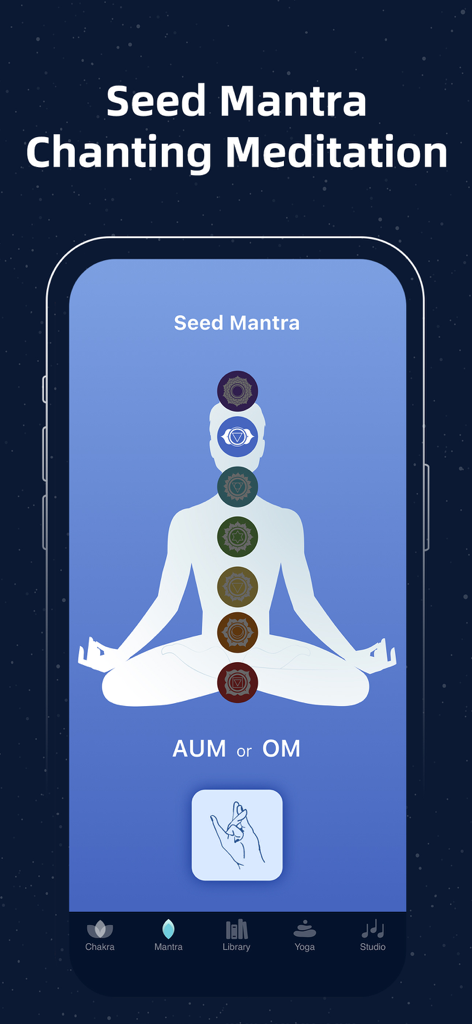 Seed mantra chanting screen in the Chakra Meditation app featuring a meditation silhouette with seven chakras.