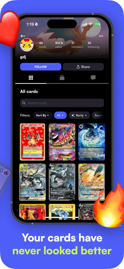 Rare Candy: Scan Pokémon Cards - A mobile app screen displaying a user's Pokémon card collection and total portfolio value.