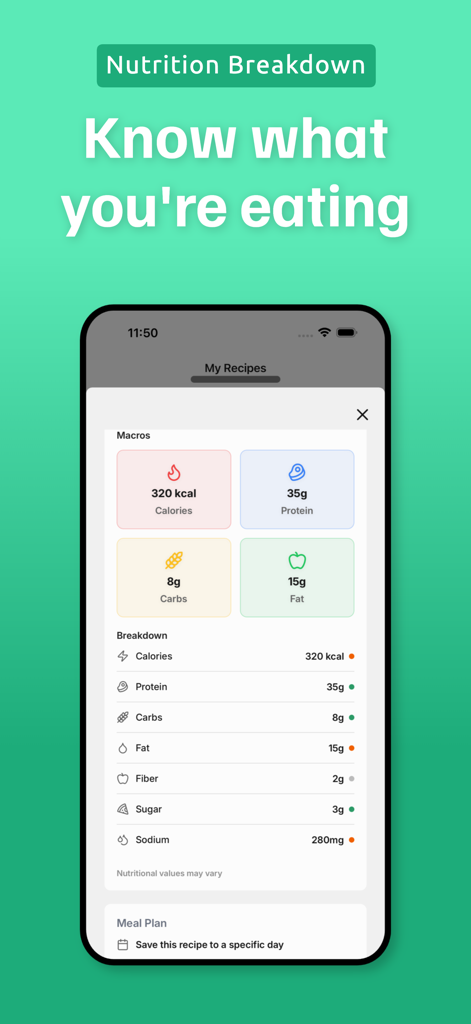 Pantry Pic: Photo to Recipe - Mobile app interface showing the nutrition breakdown for a recipe with macros for calories protein carbs and fat