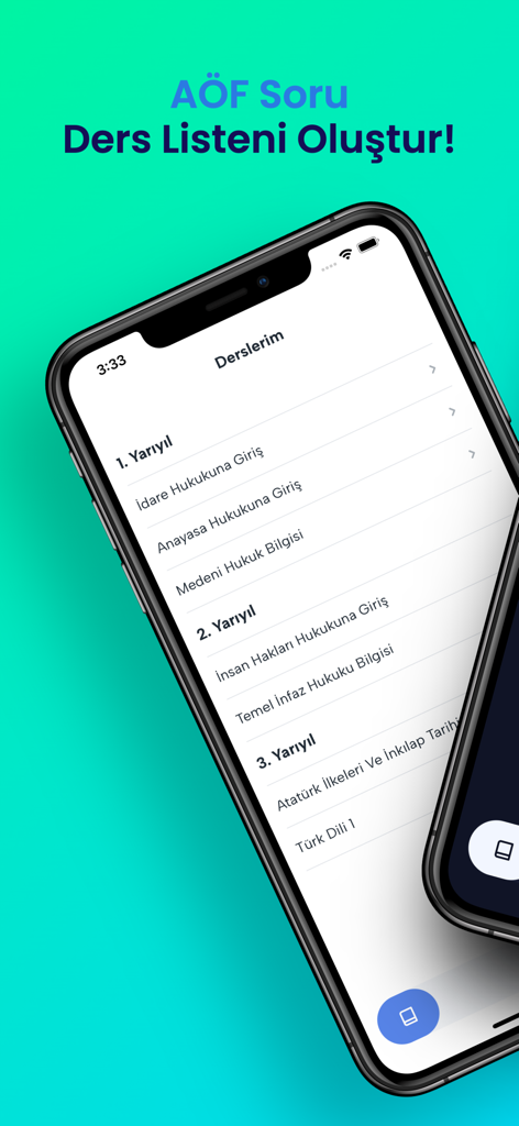AÖF Soru - Interface of the AÖF Soru app showing a personalized list of courses organized by semester.