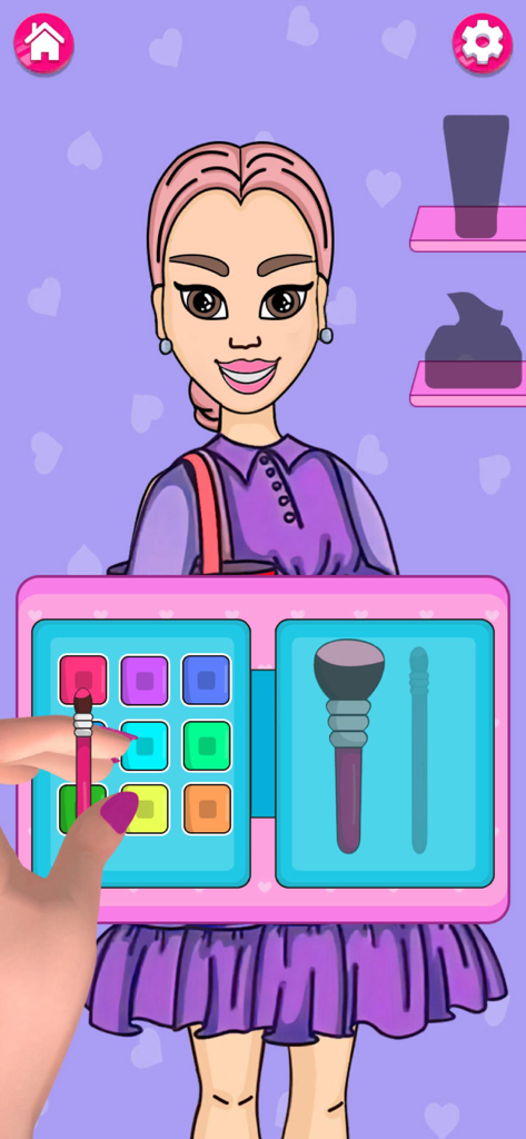 DIY Sweet Paper Doll: Dress Up - Una mano usando una paleta de maquillaje para peinar a un personaje de muñeca de papel.