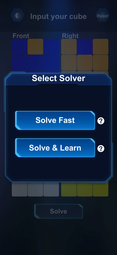 Cube Solver: Scan, Learn, Play - A menu offering Solve Fast and Solve and Learn modes in the Cube Solver app