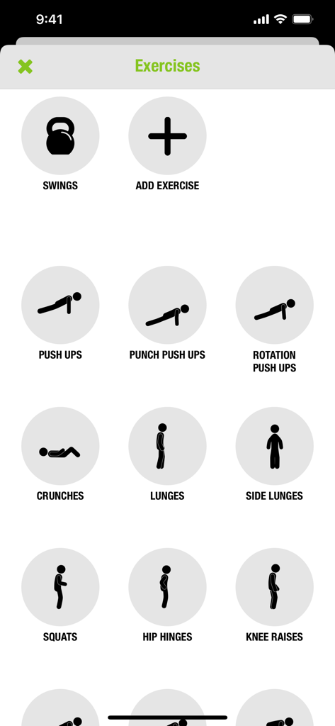 Streaks Workout - A minimalist user interface displaying a grid of exercise icons such as push ups squats and lunges in the Streaks Workout app