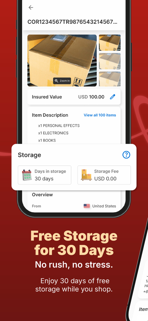 Screenshot of the ShippingCart app showing the free 30-day storage feature for package consolidation.