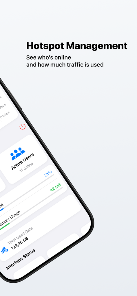 Mikrolink Hotspot - Interfaz de la aplicación móvil Mikrolink Hotspot mostrando usuarios activos y monitorización del tráfico de red