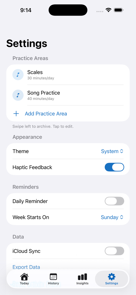 Piano Practice Log - 피아노 연습 기록 앱의 설정 인터페이스가 연습 영역 목표와 테마 옵션을 표시합니다.