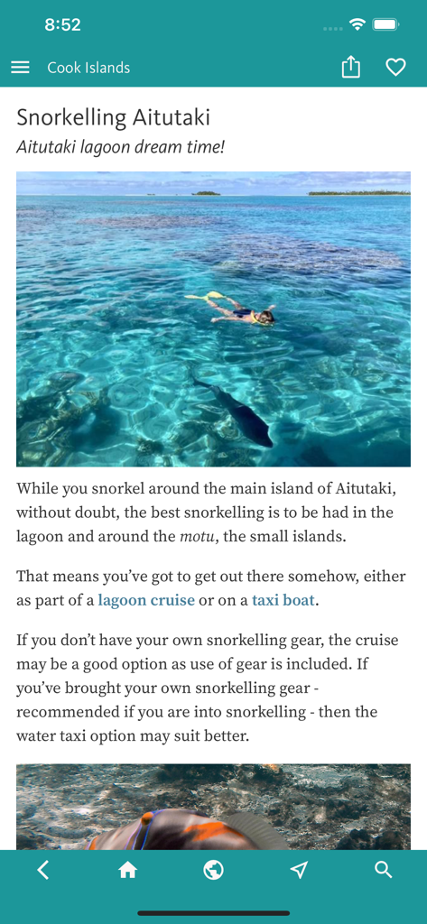Guia de snorkeling para a lagoa de Aitutaki no aplicativo de viagem Cook Islands.