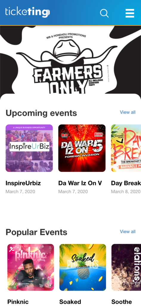 TickeTingモバイルアプリのホーム画面。InspireUrbizやPinknicなどの今後の人気イベントリストが表示されています。