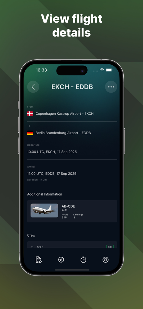 Avilog - Avilog mobile app interface displaying detailed flight logs from Copenhagen to Berlin including aircraft type and crew information.