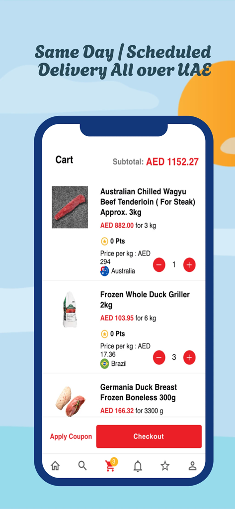 Elfab - Elfab mobile app shopping cart displaying premium chilled meat and poultry products