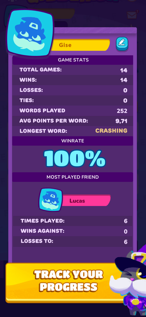 Gibberish: Word game & friends - Pantalla detallada de estadísticas de jugador y tasa de victorias en el juego de palabras Gibberish.