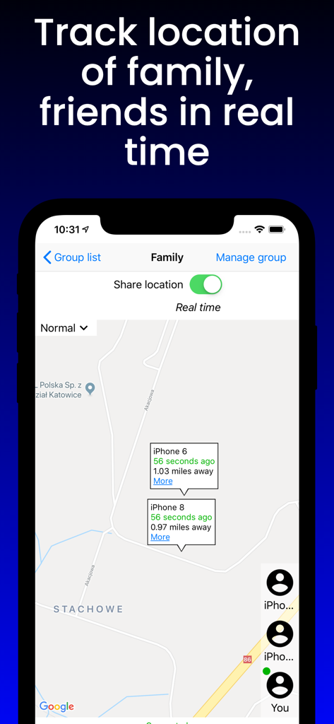 Tracker 8 app interface showing real-time GPS locations of family members on a map