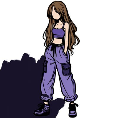 girl in baggy pants crop top and long hair