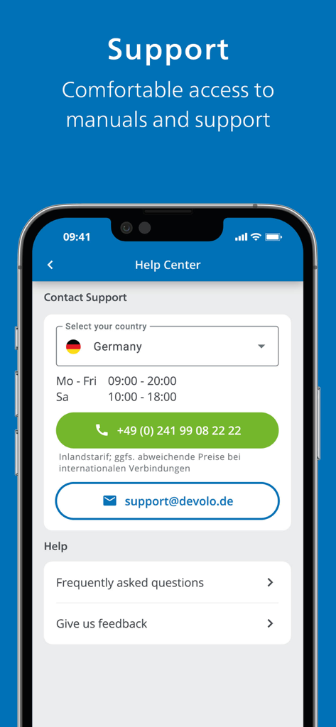 Home Network - The Help Center screen of the devolo Home Network app showing contact support options and frequently asked questions.