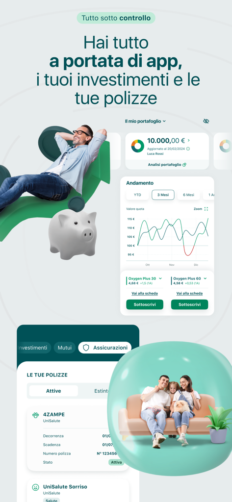 Interface of the BPER Banca app featuring investment portfolio charts and insurance policy management