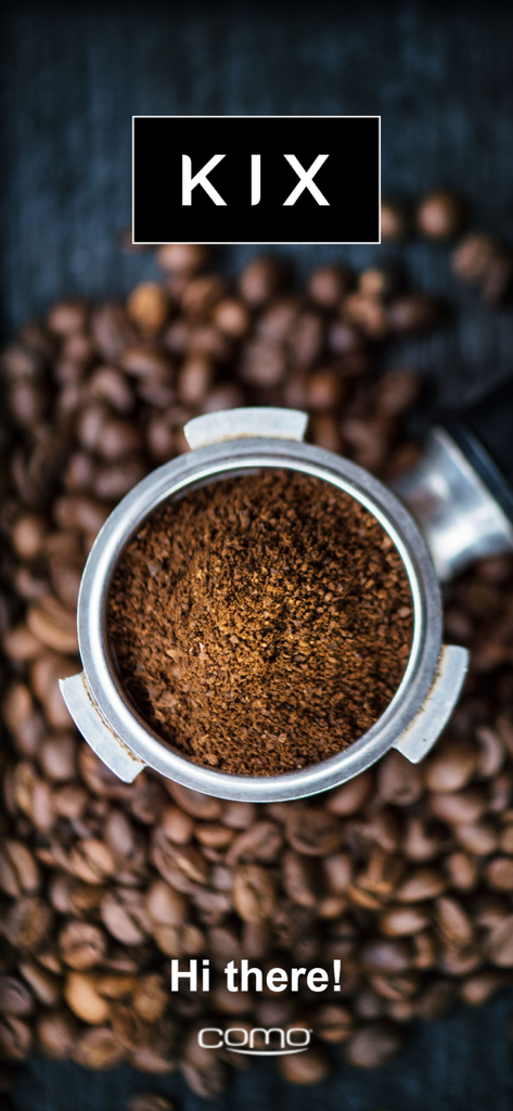 Kix Club - Kix Club app welcome screen featuring ground coffee in a portafilter and coffee beans
