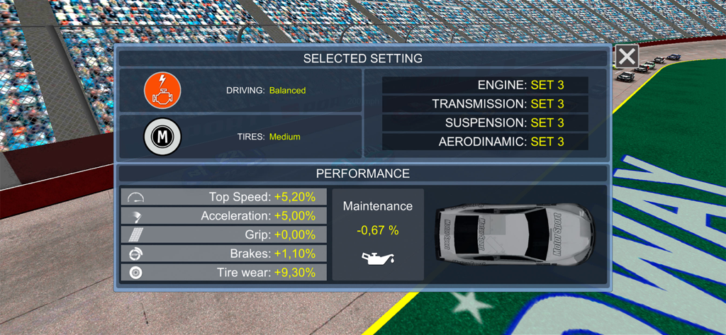 American Speedway Manager - American Speedway Manager car configuration screen showing engine transmission and aerodynamic settings with performance stats