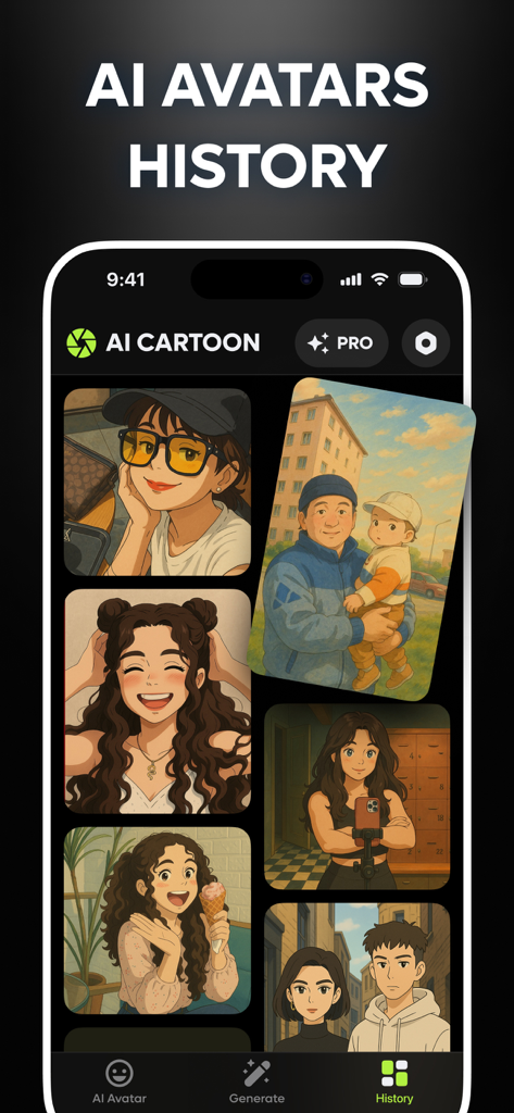 AI Cartoon Effect Anime Maker - Pantalla de la aplicación que muestra una galería del historial de avatares de anime nostálgicos generados por IA