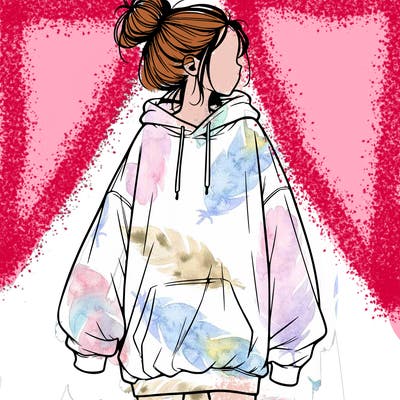 realistic girl with a oversized sweatshirt on and a bun