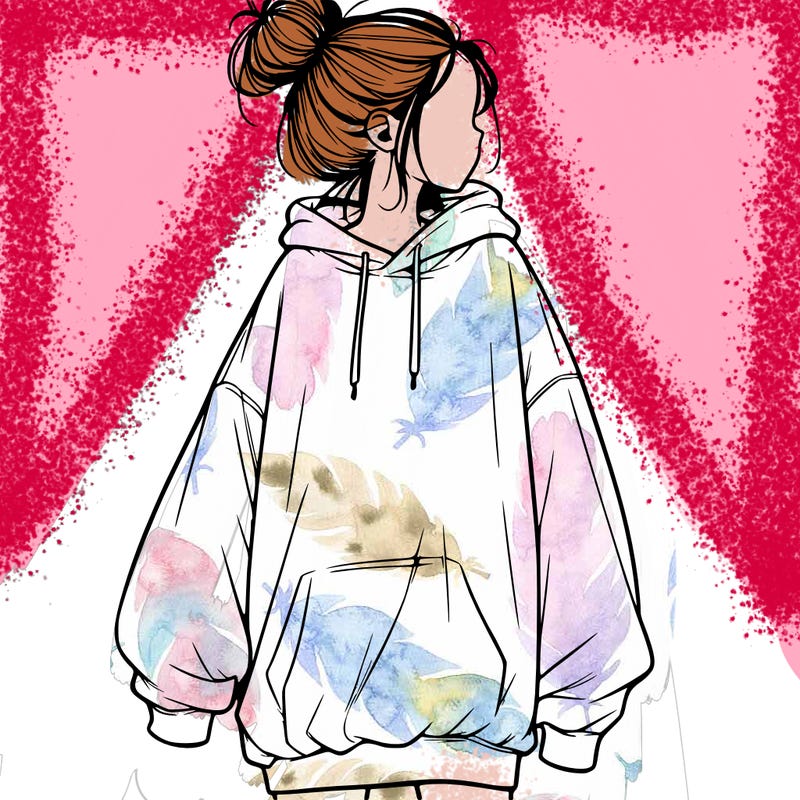 realistic girl with a oversized sweatshirt on and a bun