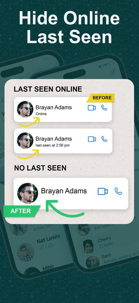Comparison showing the hide online and last seen privacy feature for WhatsApp.