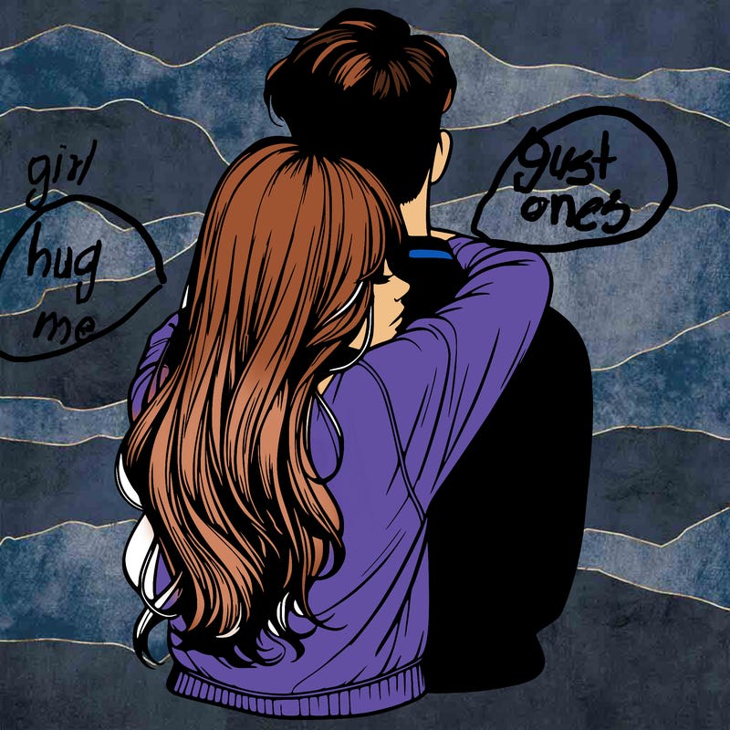 realistic girl hugging boyfriend from back