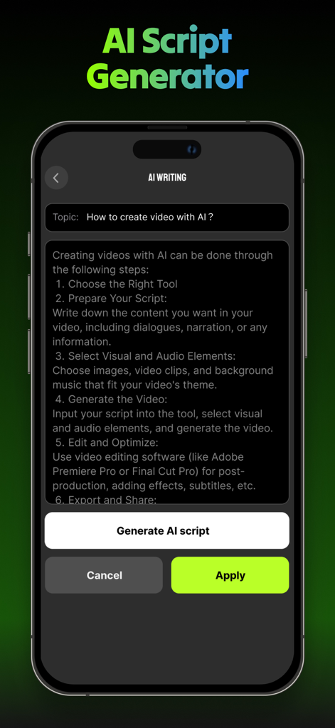 Vidify AI - AI Video Creator - Vidify AI mobile app interface showing the AI Script Generator tool with an automated video script for creators.