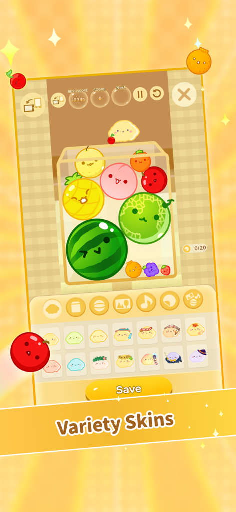 Suika Game-Aladdin X - A screenshot of the Suika Game-Aladdin X customization menu showing a wide selection of variety skins for character personalization.